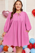 Textured Tie Split Neck Puff Sleeve Flowy Mini Dress