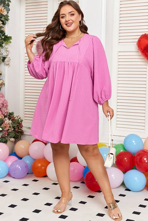 Textured Tie Split Neck Puff Sleeve Flowy Mini Dress