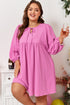 Textured Tie Split Neck Puff Sleeve Flowy Mini Dress