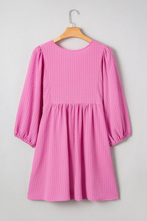 Textured Tie Split Neck Puff Sleeve Flowy Mini Dress