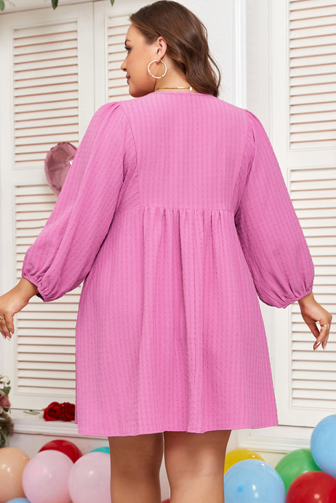 Textured Tie Split Neck Puff Sleeve Flowy Mini Dress