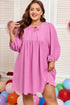 Textured Tie Split Neck Puff Sleeve Flowy Mini Dress