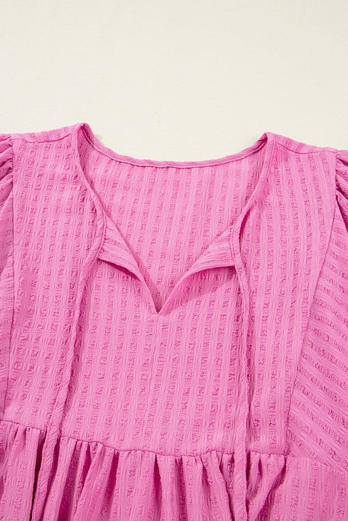 Textured Tie Split Neck Puff Sleeve Flowy Mini Dress