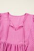 Textured Tie Split Neck Puff Sleeve Flowy Mini Dress