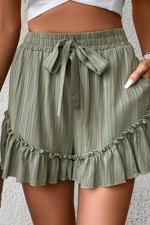Textured Tie Waist Ruffle Hem Casual Shorts