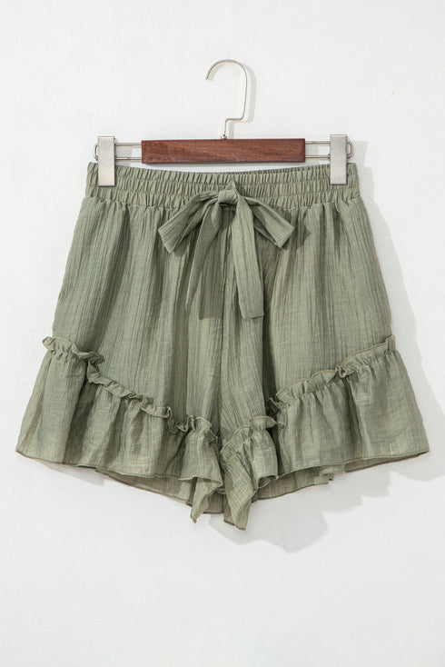 Textured Tie Waist Ruffle Hem Casual Shorts