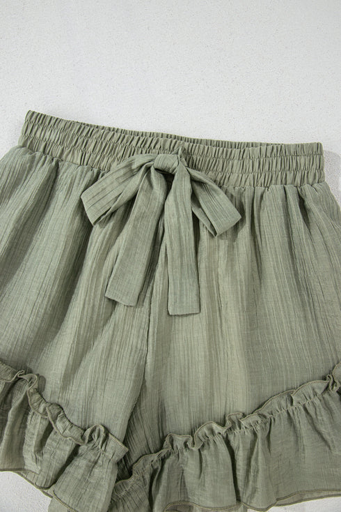 Textured Tie Waist Ruffle Hem Casual Shorts