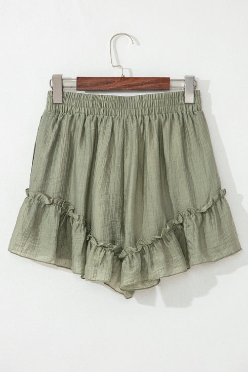 Textured Tie Waist Ruffle Hem Casual Shorts