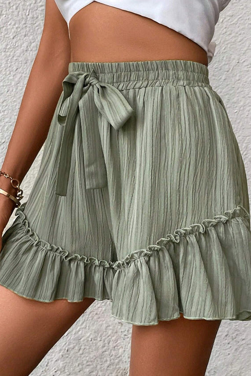 Textured Tie Waist Ruffle Hem Casual Shorts