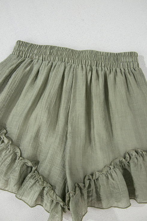 Textured Tie Waist Ruffle Hem Casual Shorts
