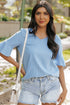 Textured V Neck Bell Sleeve Relaxed Blouse