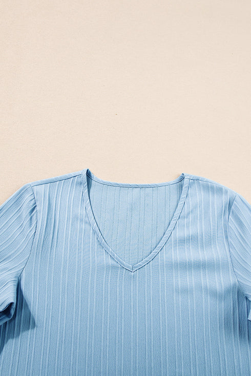 Textured V Neck Bell Sleeve Relaxed Blouse