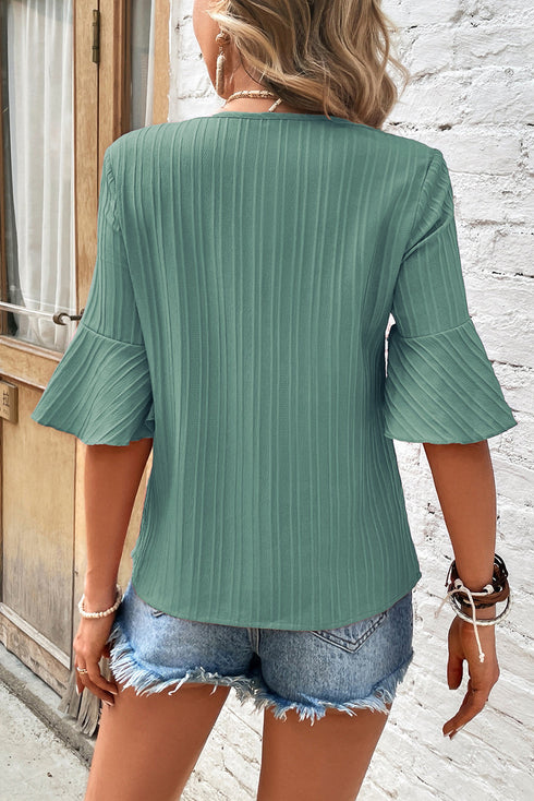 Textured V Neck Bell Sleeve Relaxed Blouse