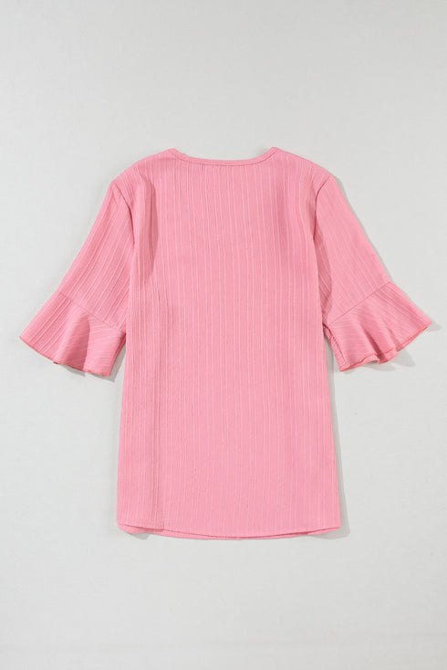 Textured V Neck Bell Sleeve Relaxed Blouse