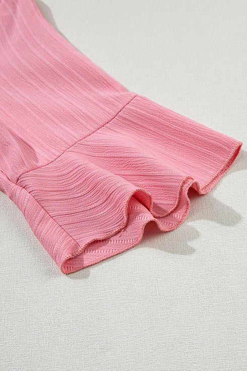 Textured V Neck Bell Sleeve Relaxed Blouse