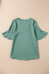 Textured V Neck Bell Sleeve Relaxed Blouse