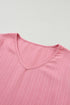 Textured V Neck Bell Sleeve Relaxed Blouse