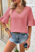 Textured V Neck Bell Sleeve Relaxed Blouse