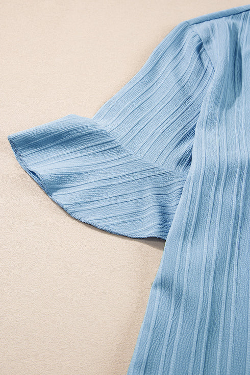 Textured V Neck Bell Sleeve Relaxed Blouse