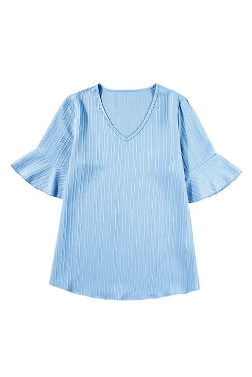 Textured V Neck Bell Sleeve Relaxed Blouse