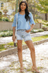 Textured V Neck Bell Sleeve Relaxed Blouse