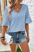 Textured V Neck Bell Sleeve Relaxed Blouse