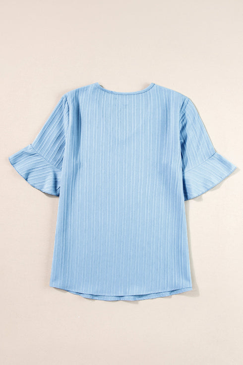 Textured V Neck Bell Sleeve Relaxed Blouse