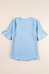 Textured V Neck Bell Sleeve Relaxed Blouse
