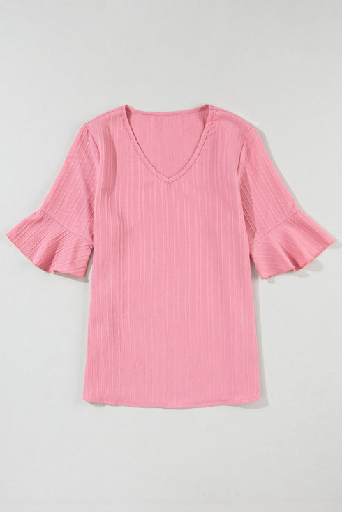 Textured V Neck Bell Sleeve Relaxed Blouse