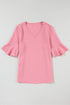 Textured V Neck Bell Sleeve Relaxed Blouse