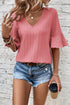 Textured V Neck Bell Sleeve Relaxed Blouse