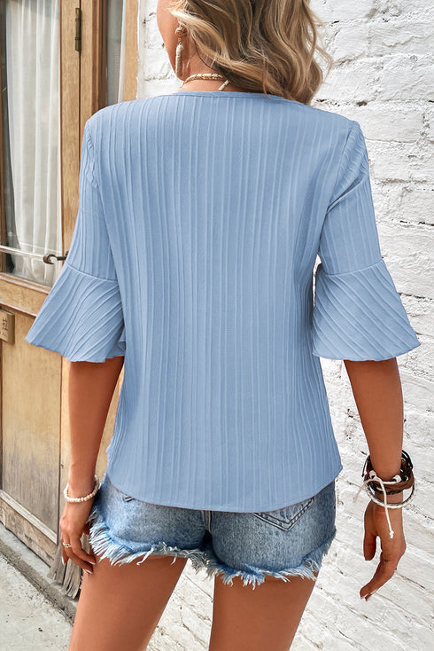 Textured V Neck Bell Sleeve Relaxed Blouse