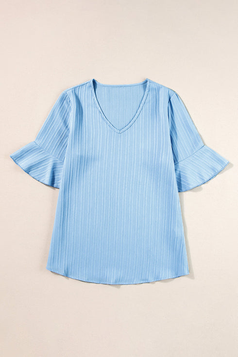 Textured V Neck Bell Sleeve Relaxed Blouse