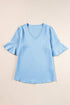 Textured V Neck Bell Sleeve Relaxed Blouse