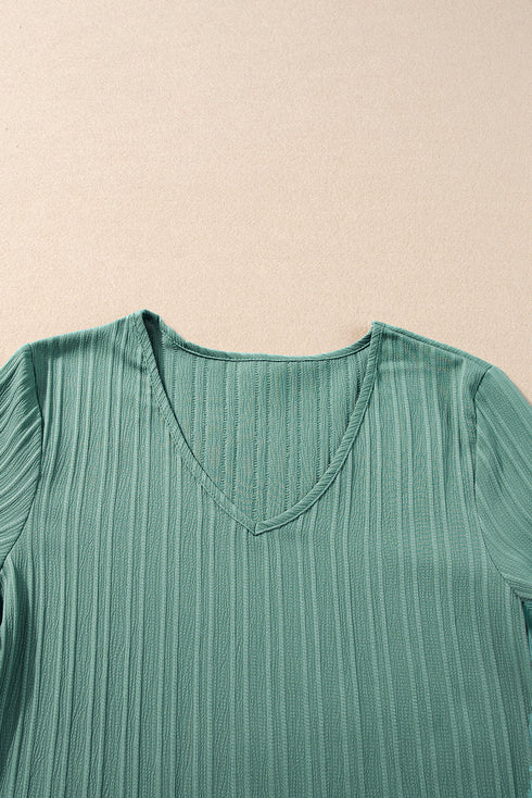 Textured V Neck Bell Sleeve Relaxed Blouse