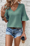 Textured V Neck Bell Sleeve Relaxed Blouse
