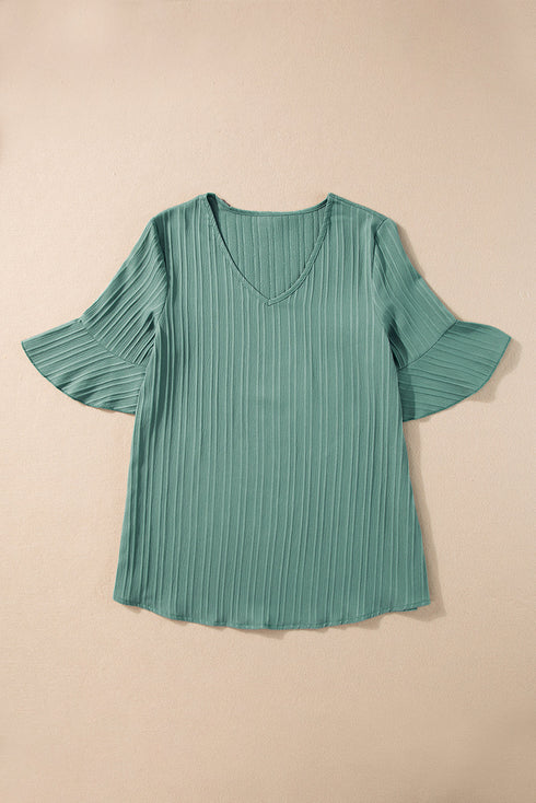 Textured V Neck Bell Sleeve Relaxed Blouse