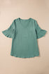 Textured V Neck Bell Sleeve Relaxed Blouse