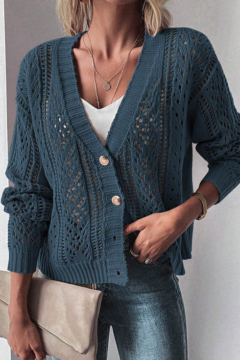 Textured V Neck Button Front Long Sleeve Cardigan