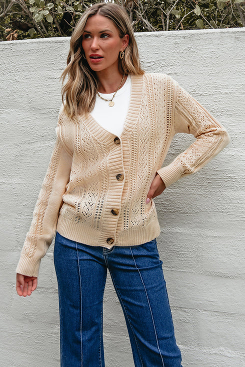 Textured V Neck Button Front Long Sleeve Cardigan