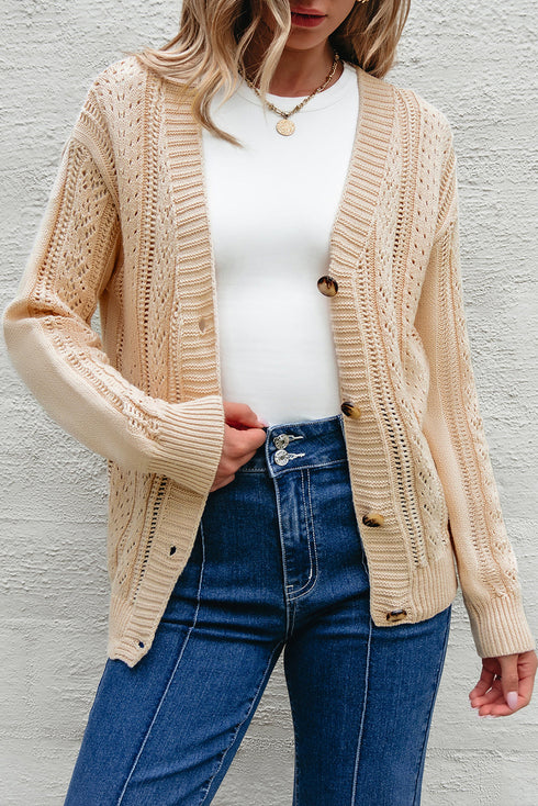 Textured V Neck Button Front Long Sleeve Cardigan