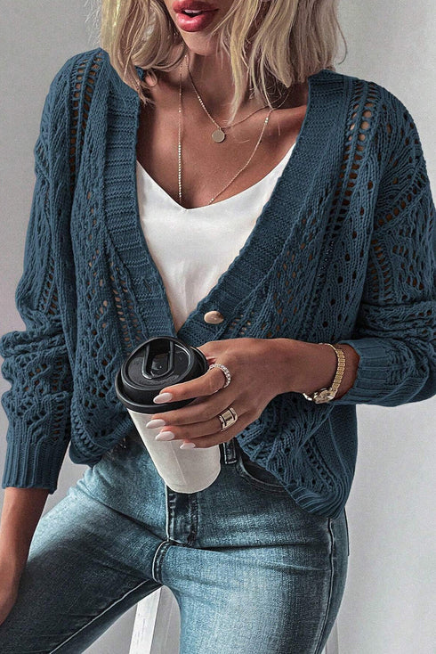 Textured V Neck Button Front Long Sleeve Cardigan