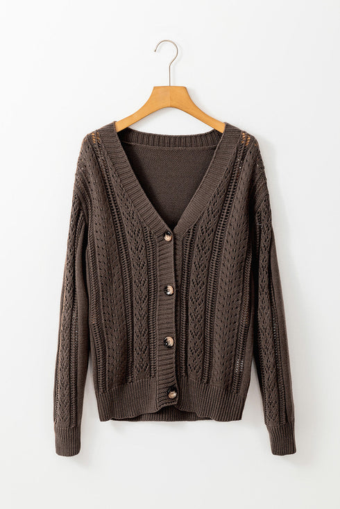 Textured V Neck Button Front Long Sleeve Cardigan