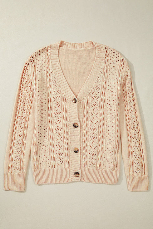 Textured V Neck Button Front Long Sleeve Cardigan