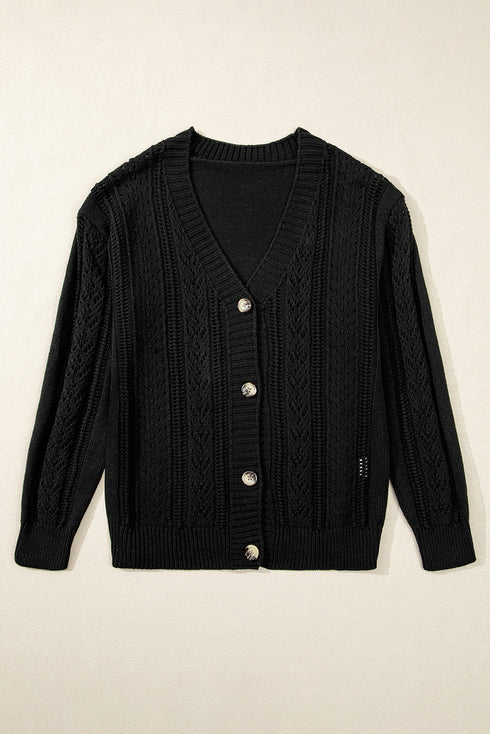 Textured V Neck Button Front Long Sleeve Cardigan