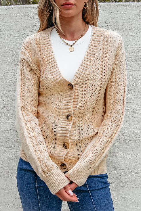 Textured V Neck Button Front Long Sleeve Cardigan