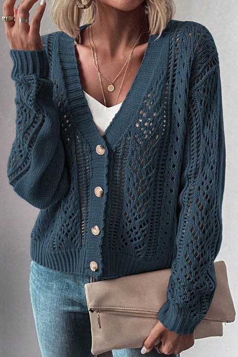 Textured V Neck Button Front Long Sleeve Cardigan