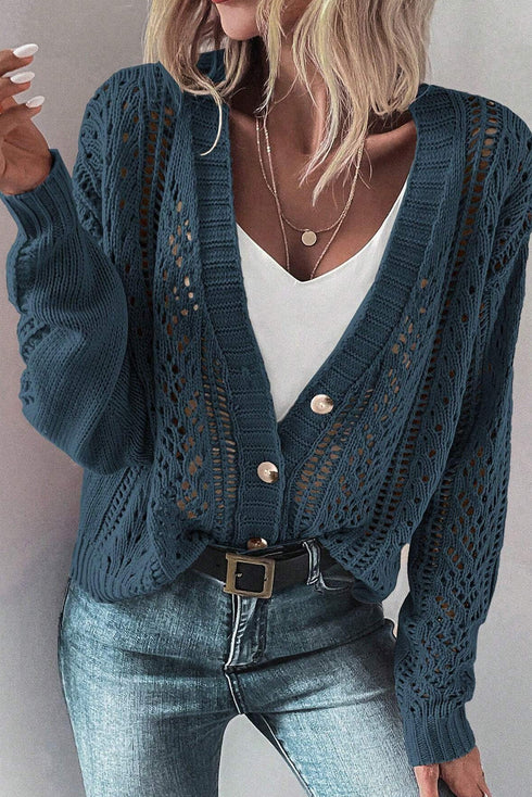 Textured V Neck Button Front Long Sleeve Cardigan