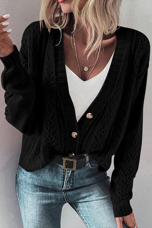 Textured V Neck Button Front Long Sleeve Cardigan