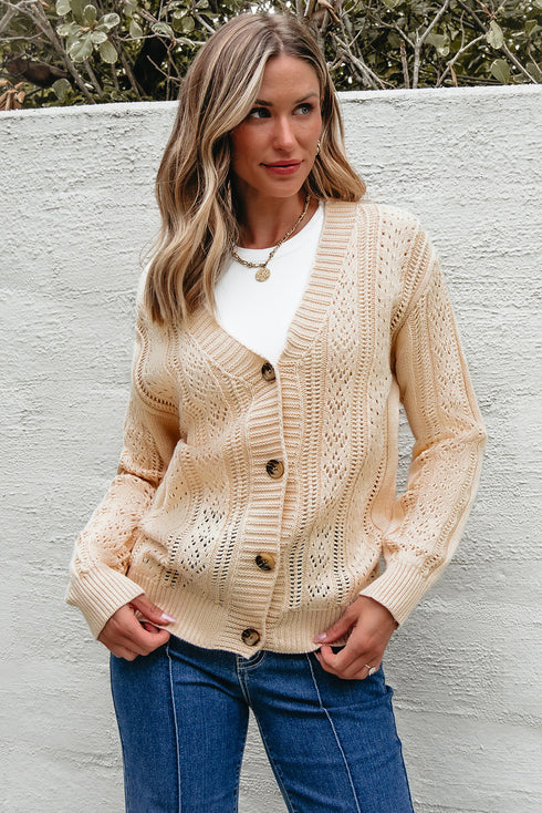Textured V Neck Button Front Long Sleeve Cardigan